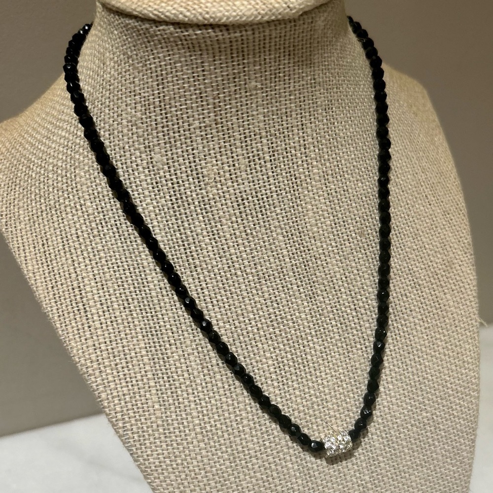 Vintage Y2K Napier Signed Small Faceted Black Bead w/ Rhinestone Barrel Pendant